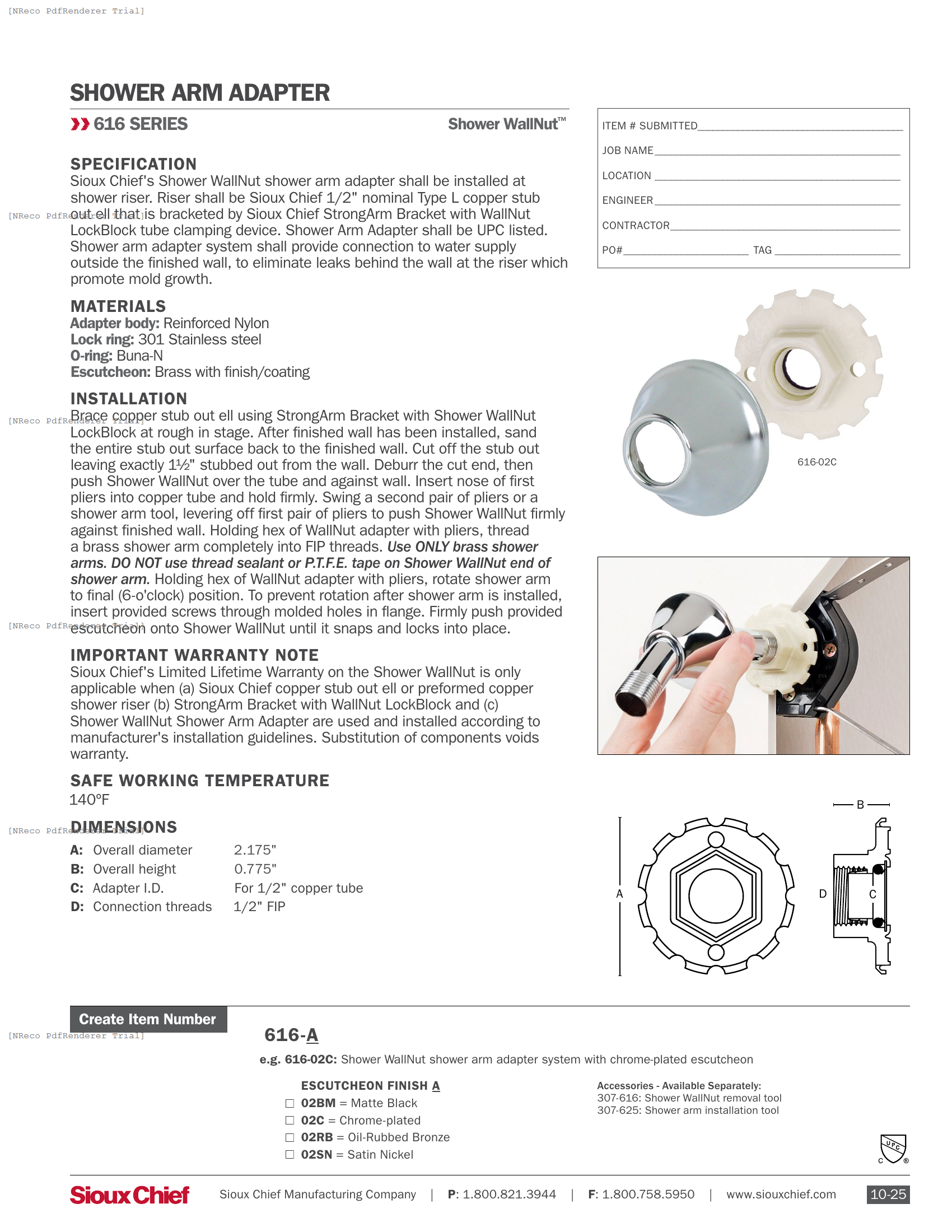 616 SERIES - SHOWER WALLNUT - SPEC SHEET.PDF Specification Document